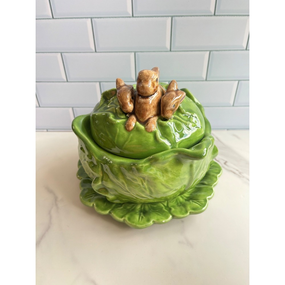 Vtg Holland Mold Ceramic Cabbage Tureen with Bunnies Lid Plate Green 3 Pc